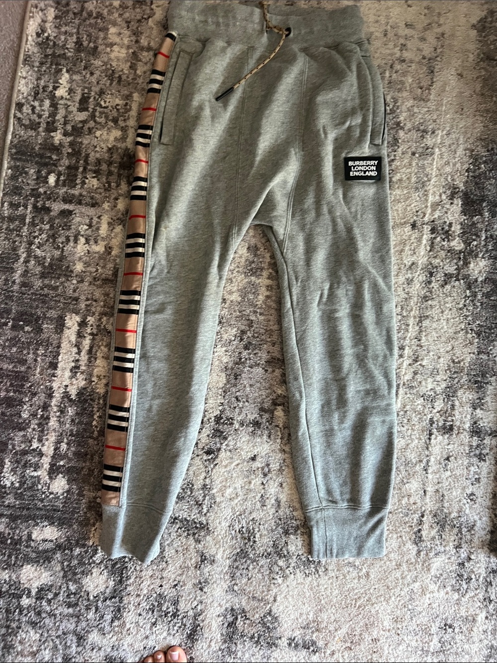 Burberry Gray Kids Sweatpants with Plaid Side Stripe